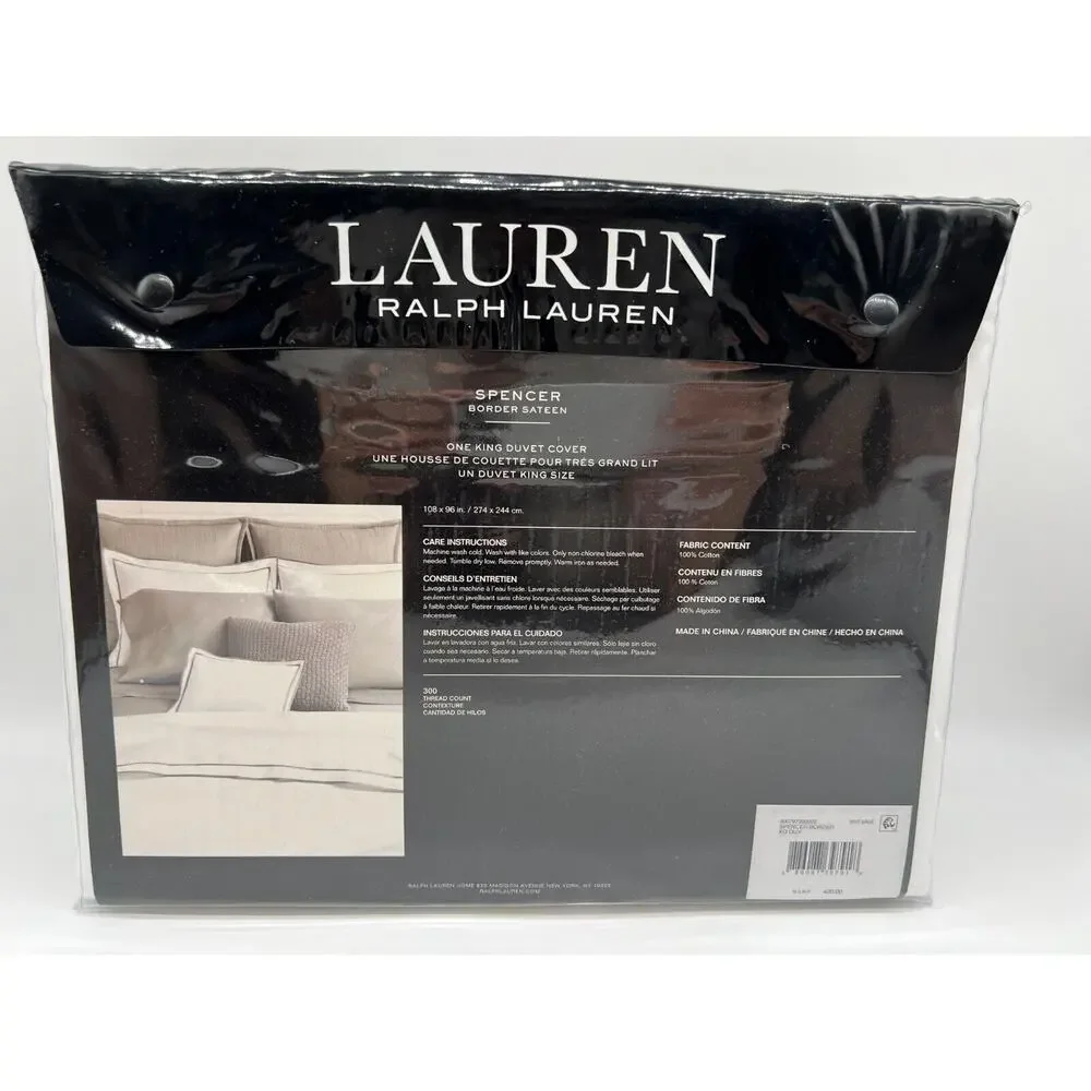 Ralph Lauren Spencer Border Satin Duvet Cover White/Sage 108 X 96 $420 NWT